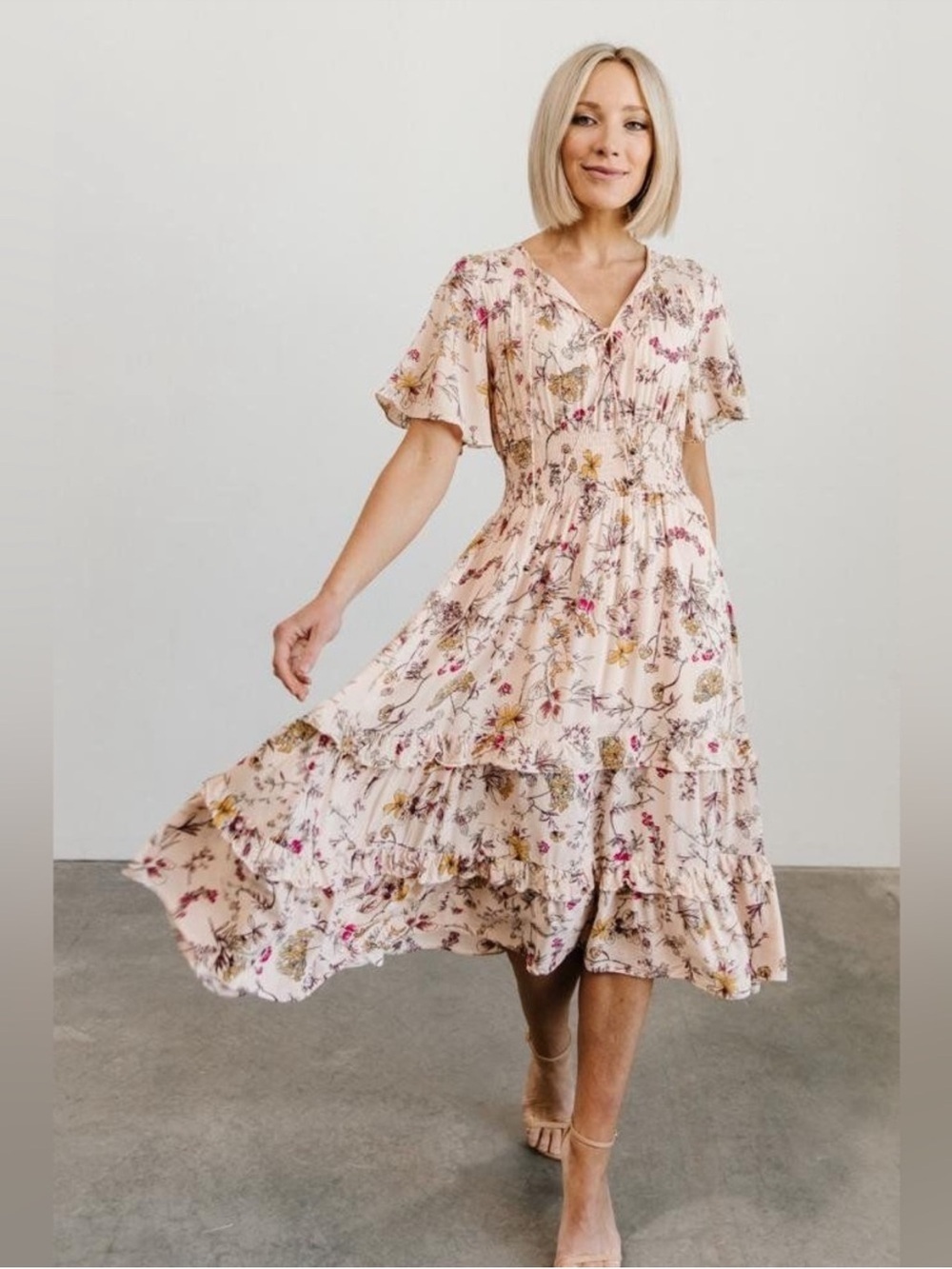 Baltic Born Floral Flowy Tiered Midi Dress Smocked Waist Tie Front Boho